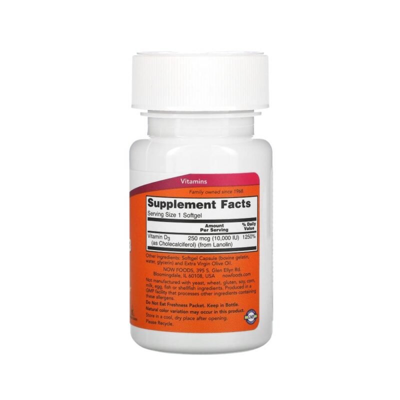 NOW Foods Highest Potency Vitamin D-3 10000 IU 120 Softgels - Image 3