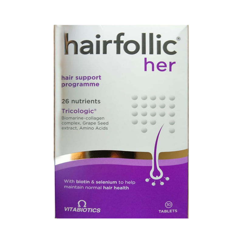 Vitabiotics Hairfollic Her Tricologic Biomarine Collagen Complex, Grape Seed Extract, Amino Acid With Biotin & Selenium, 30 Tablets